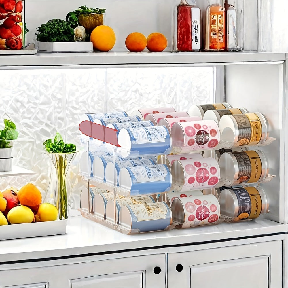 Can Storage Organizer 36-Can 3-Tier Auto-Rolling PET Rack with Assembly Detail for Pantry Use