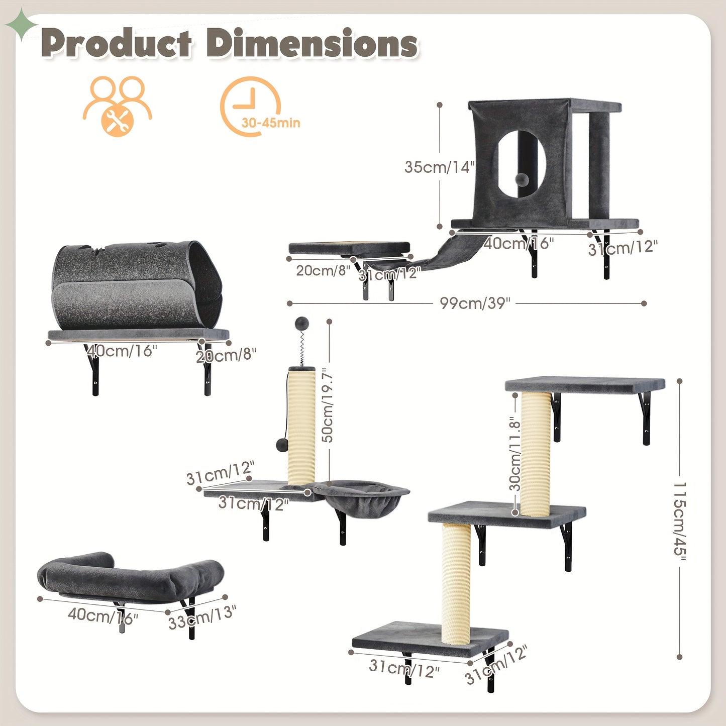 Cat Wall Shelf Climbing Set – 7-Piece Deluxe Wall Mounted Cat Furniture with Condo, Scratching Post, Bridge