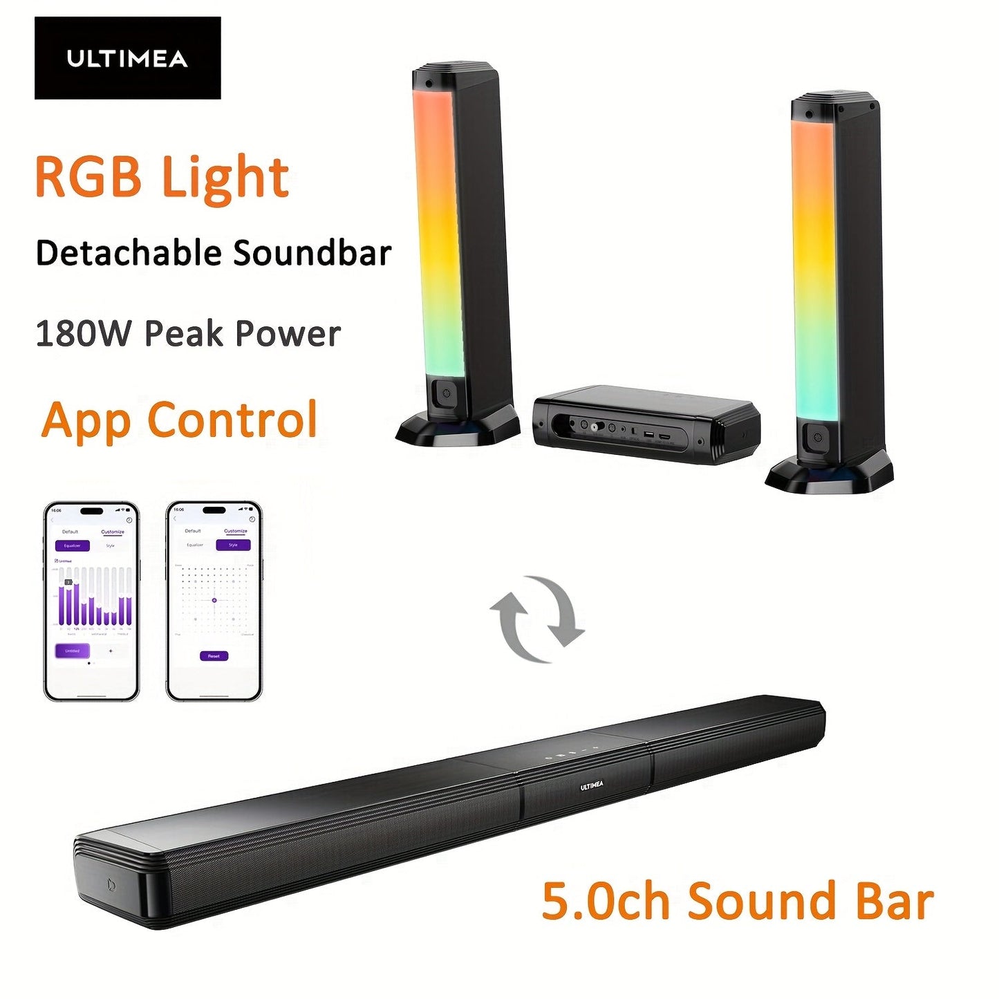 ULTIMEA Soundbar with Built-In Subwoofer – Choose 2.2CH 100W Detachable, 2.1CH 120W App Control, or 5.0CH 180W RGB Surround System