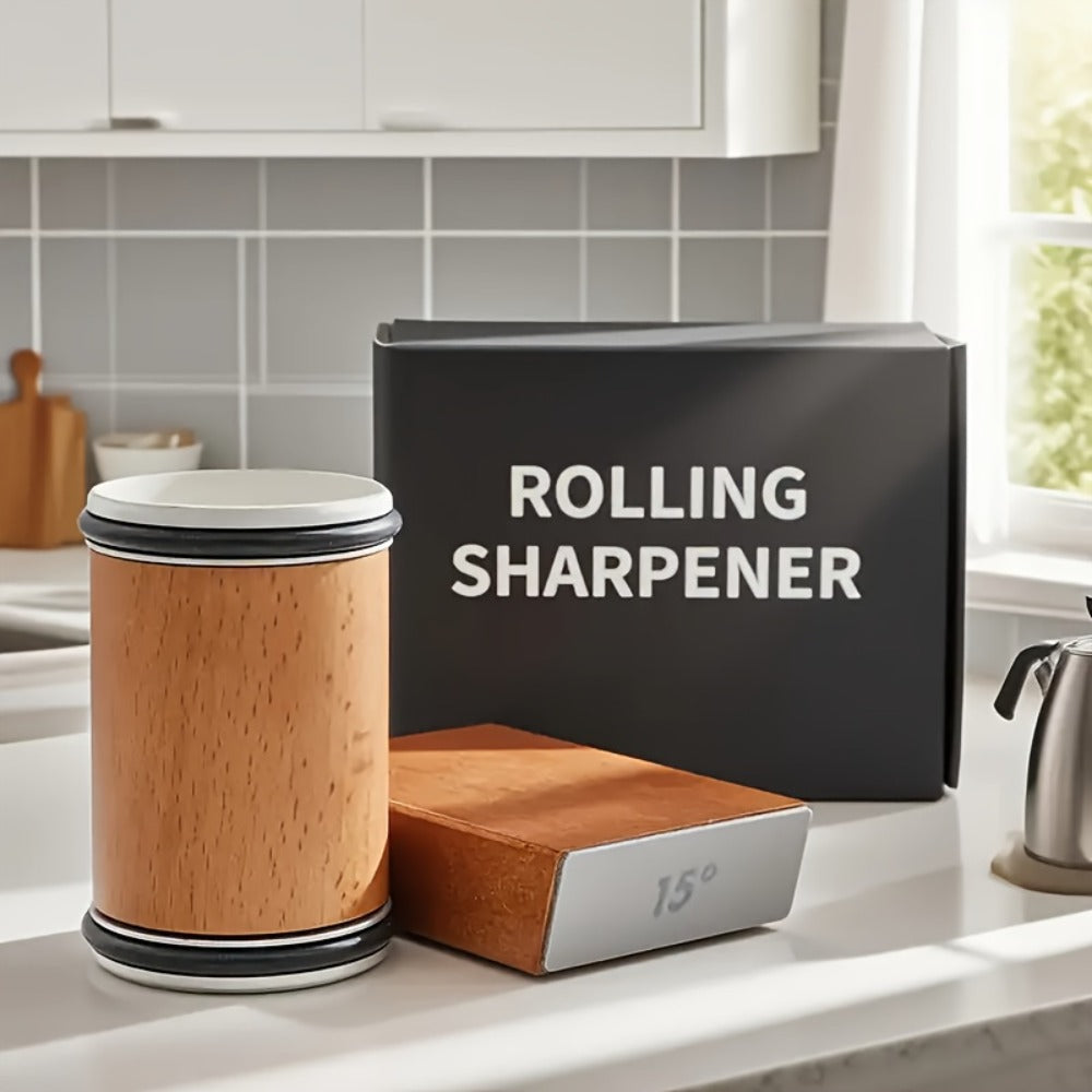 Rolling Knife Sharpener with Two-Angle or Five-Sided Magnetic Base Options in Wood Finish Design