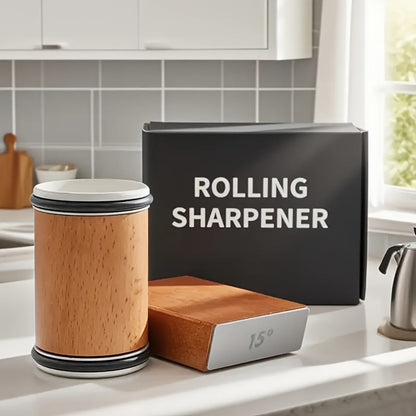 Rolling Knife Sharpener with Two-Angle or Five-Sided Magnetic Base Options in Wood Finish Design