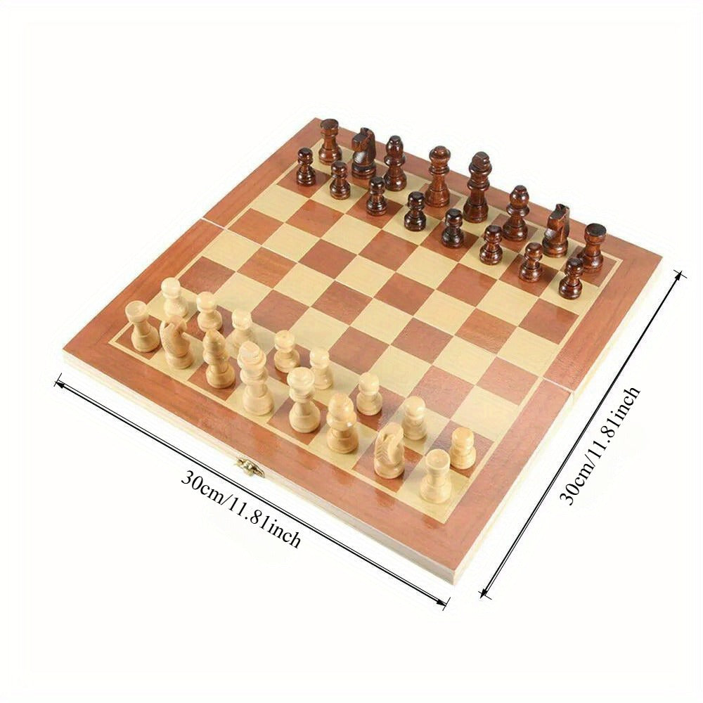 Wooden Folding Chess Set 12 Inch – Handmade Portable Chessboard 30x30cm with Game Pieces, Classic Strategy Board Game for Adults Kids