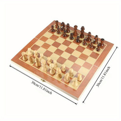 Wooden Folding Chess Set 12 Inch – Handmade Portable Chessboard 30x30cm with Game Pieces, Classic Strategy Board Game for Adults Kids