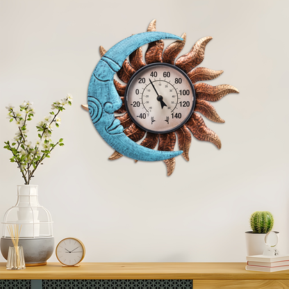 Outdoor Wall Thermometer with Sun & Moon Art – IPX4 Waterproof, Decorative Patio Garden Thermometer for Indoor Outdoor Use