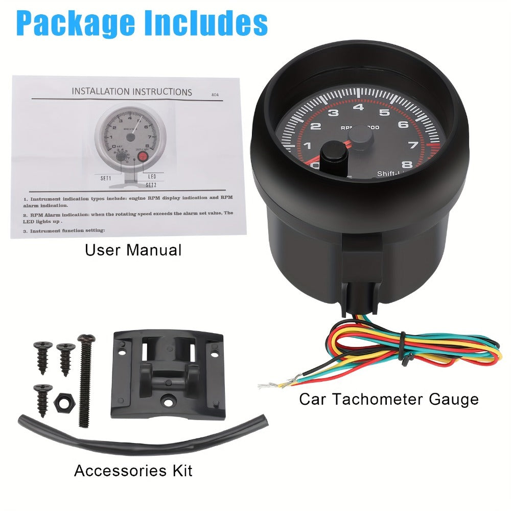 Car Tachometer Gauge 12V 0-8000 RPM 3.75 Inch – LED Shift Light, ABS Black Dial for 4 6 8 Cylinder Petrol Engines