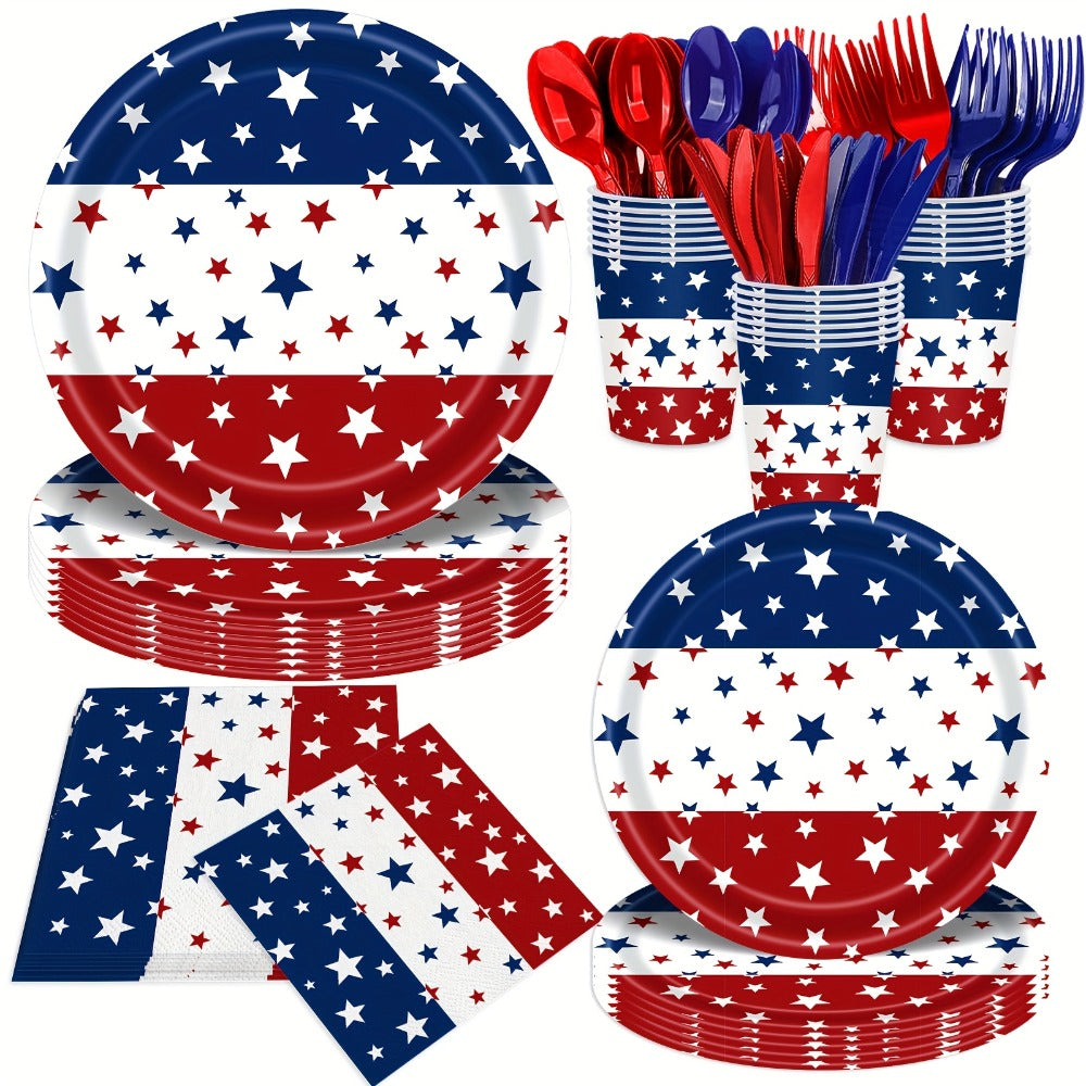 Patriotic Tableware Party Supplies Set with 140 Pieces for 20 Red White Blue Star-Print Settings