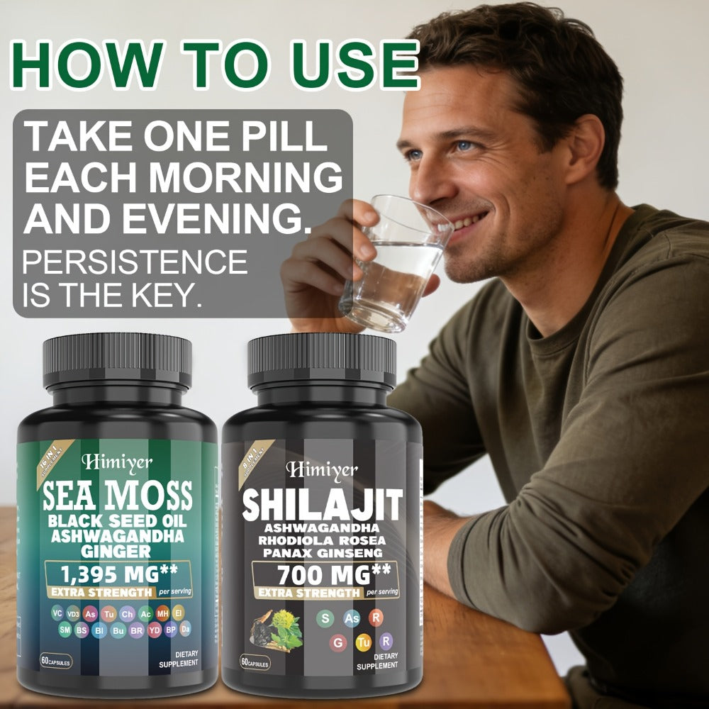 Dietary Supplement Sea Moss and Shilajit Capsule Bundle with Two- or Six-Piece available options