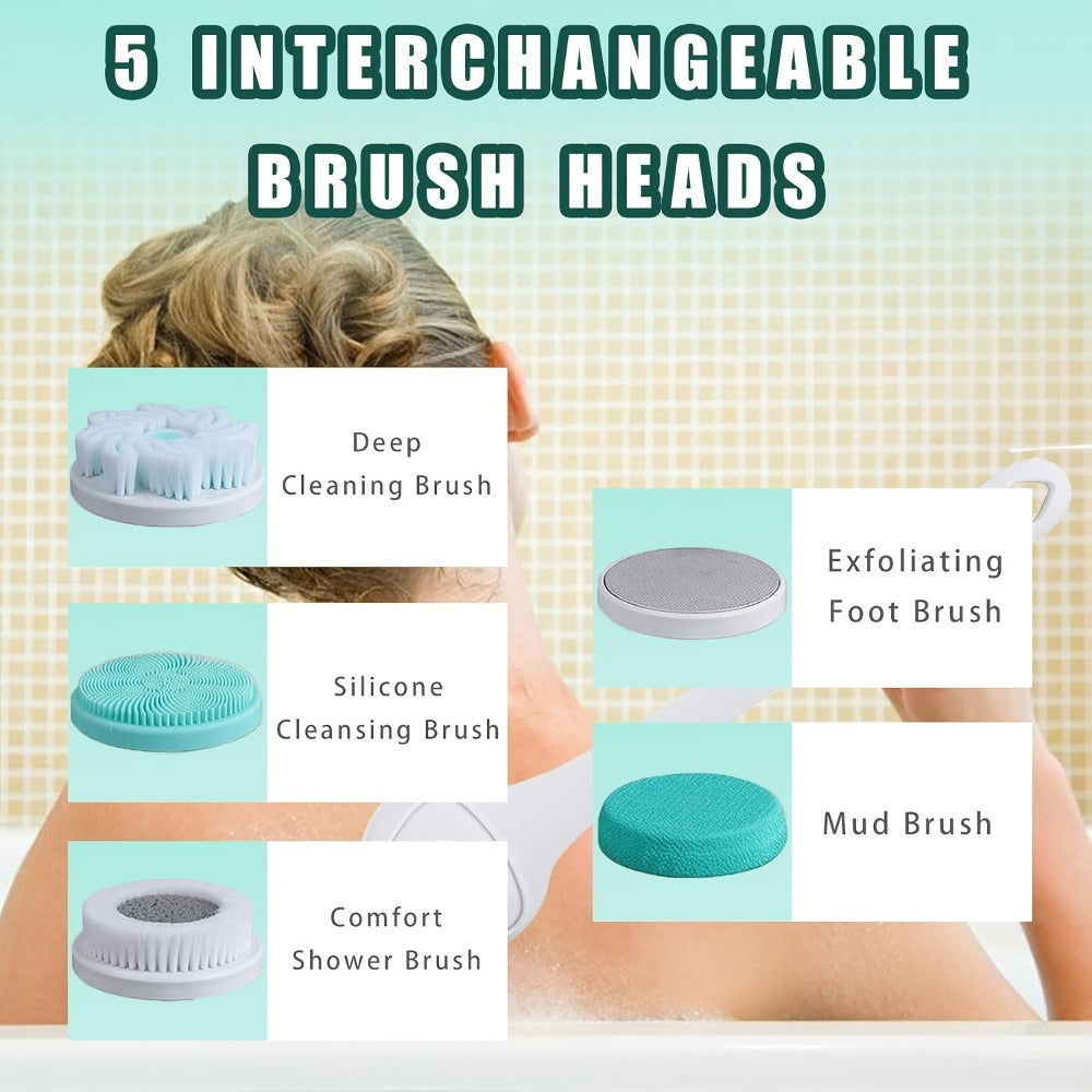 Electric Body Scrubber 6-in-1 Rechargeable Shower Brush - Vibrating Exfoliating Brush with Long Handle