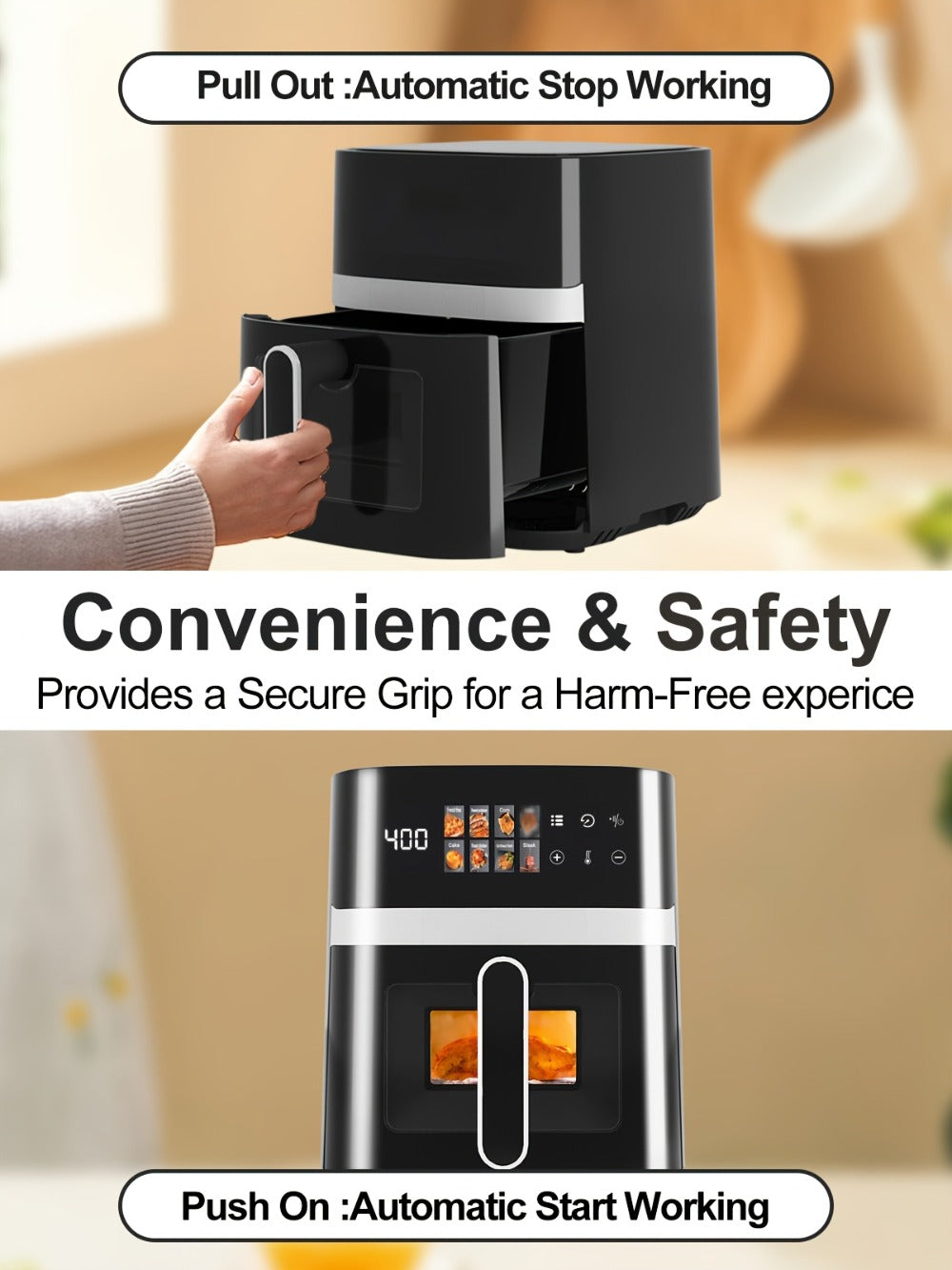 6 Quart Air Fryer with 8 Preset Functions – 6-in-1 Large Capacity Air Fryer Oven with Smart Cook Program, Stainless Steel Rack