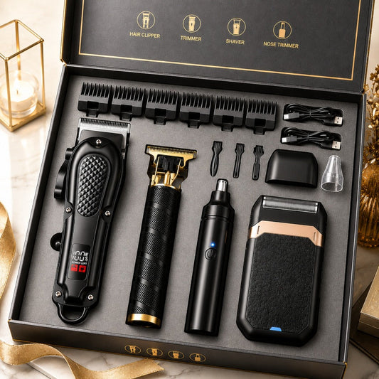 Electric Grooming Kit for Men with LCD Display – Cordless Rechargeable Hair Clipper & Trimmer Set, Home Travel & Car Use
