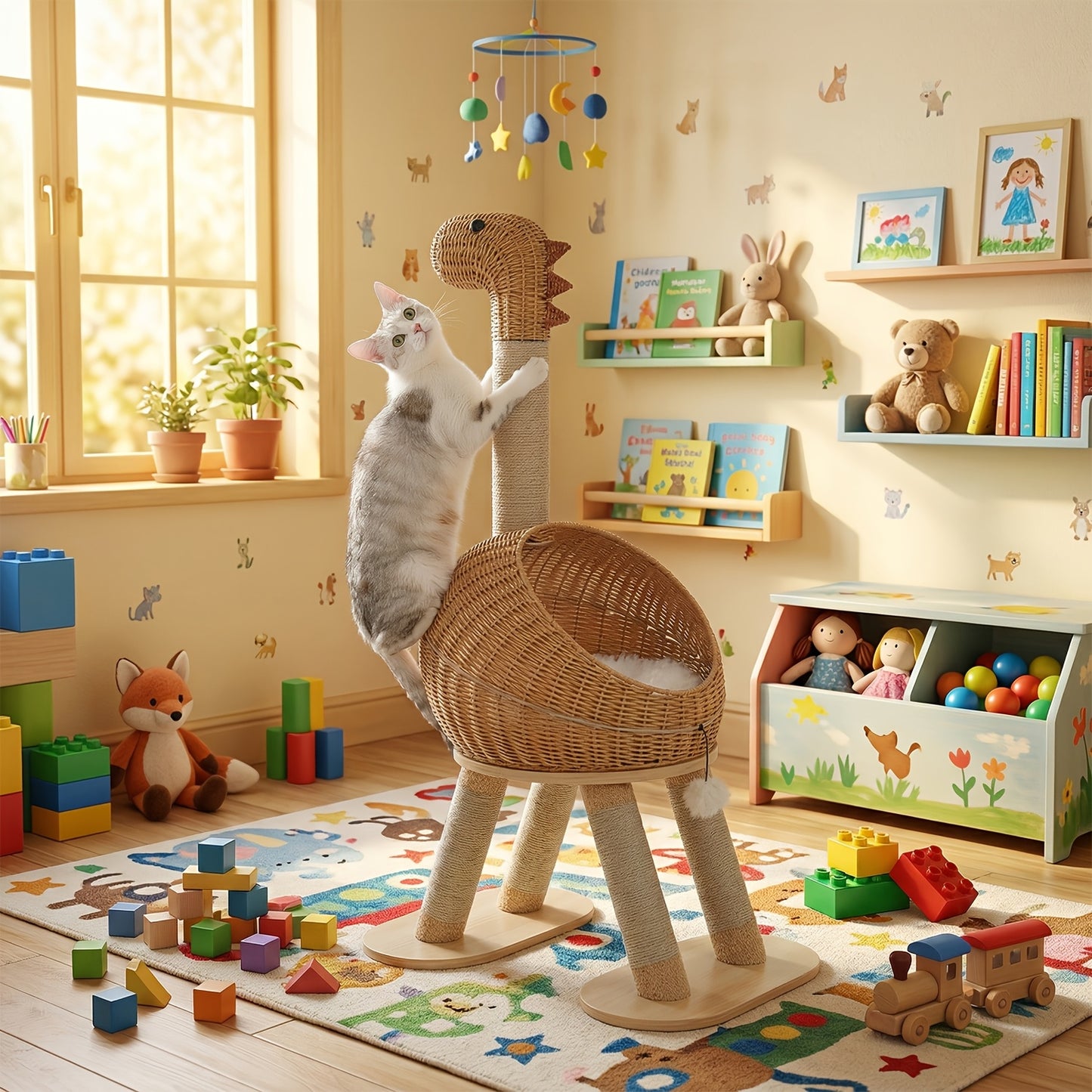 Dinosaur Cat Tree Tower 46 Inch – Large Rattan Cat House with 4 Sisal Scratching Posts, Wicker Bed & Removable Mat