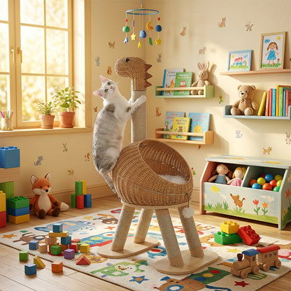 Dinosaur Cat Tree Tower 46 Inch – Large Rattan Cat House with 4 Sisal Scratching Posts, Wicker Bed & Removable Mat