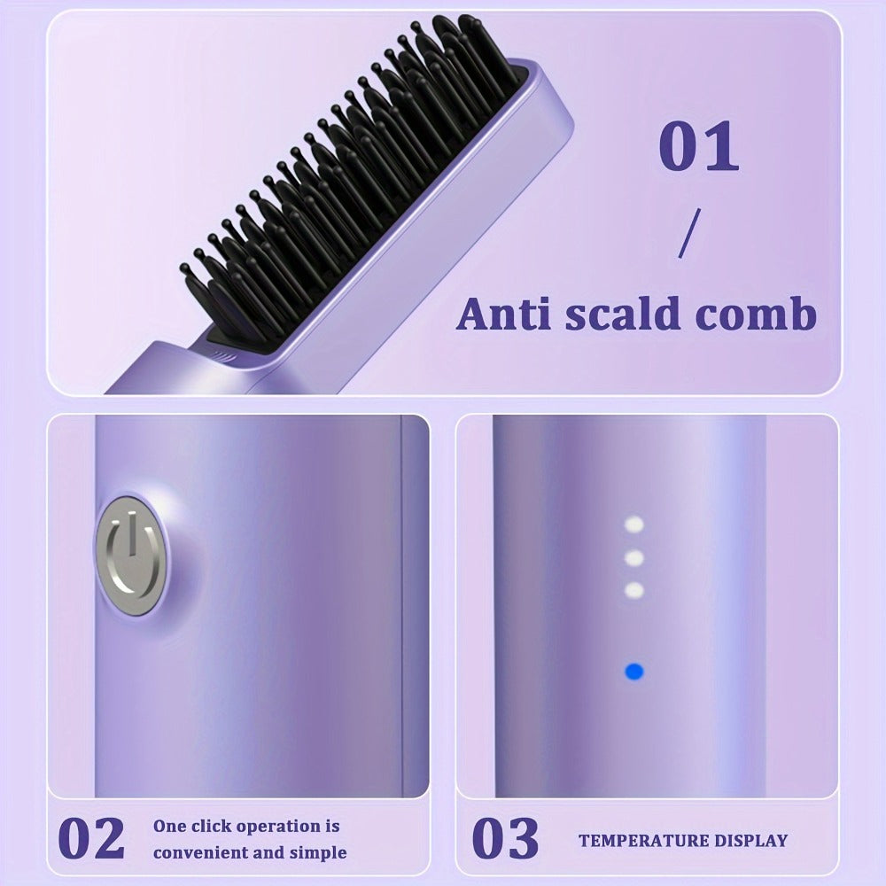 Compact Hair Straightening Brush with Three Color Options, LED Indicators and Three Pictured Heat Levels