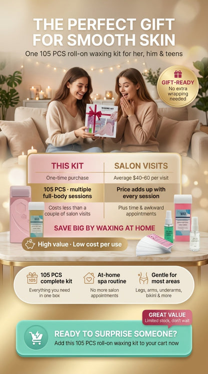 Roll On Wax Kit 105 Piece Complete Home Waxing Set – 2 Roll On Wax Rollers, Wax Warmer, 100 Waxing Strips, Lavender Oil & Pre-Post Spray