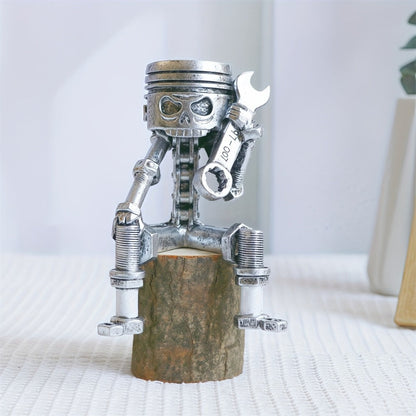 Steampunk Skull Sculpture with Wrench – Hand-Painted Mechanical Piston Gothic Decor, Resin Desk Decoration for Man Cave, Garage, Office