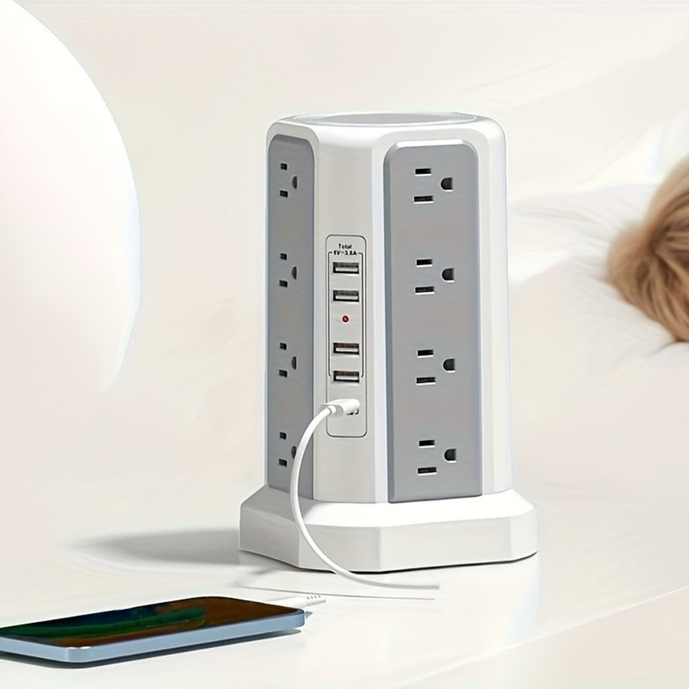 PD18W USB-C Power Strip Tower 21-in-1, 16 AC Outlets & 5 USB Ports, 1500J Surge Protector, Angled Flat Plug
