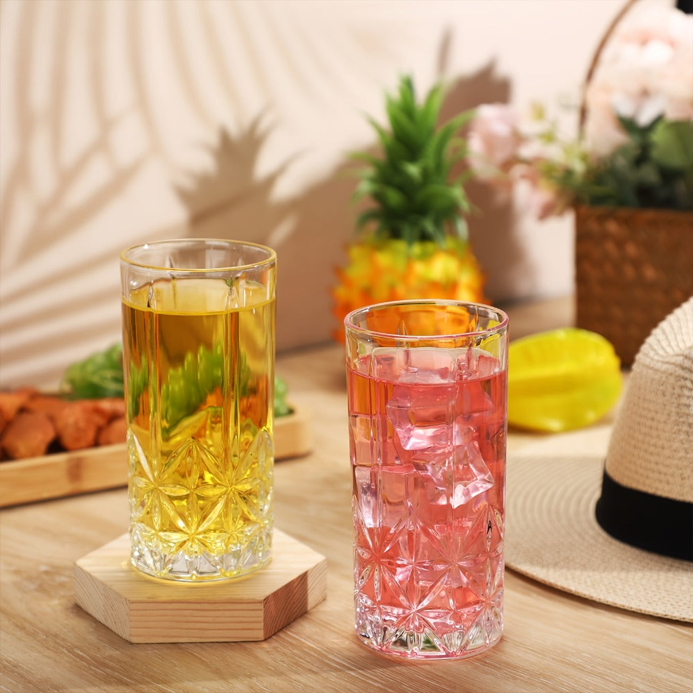 Highball Glasses Set of 12 – 12oz Crystal Clear Vintage Textured Tall Drinking Glasses, Dishwasher Safe Designer Glassware for Cocktail