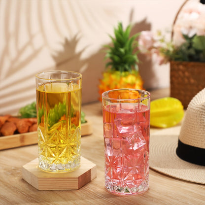 Highball Glasses Set of 12 – 12oz Crystal Clear Vintage Textured Tall Drinking Glasses, Dishwasher Safe Designer Glassware for Cocktail