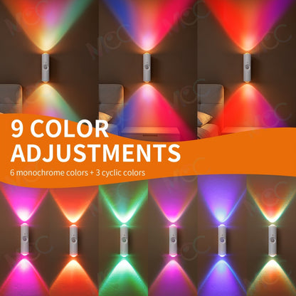 LED Magnetic Night Light Dual Voice & Motion Sensor, 9 Colors Dimmable, 665mAh Battery, Drill-Free Magnetic Install for Hallway