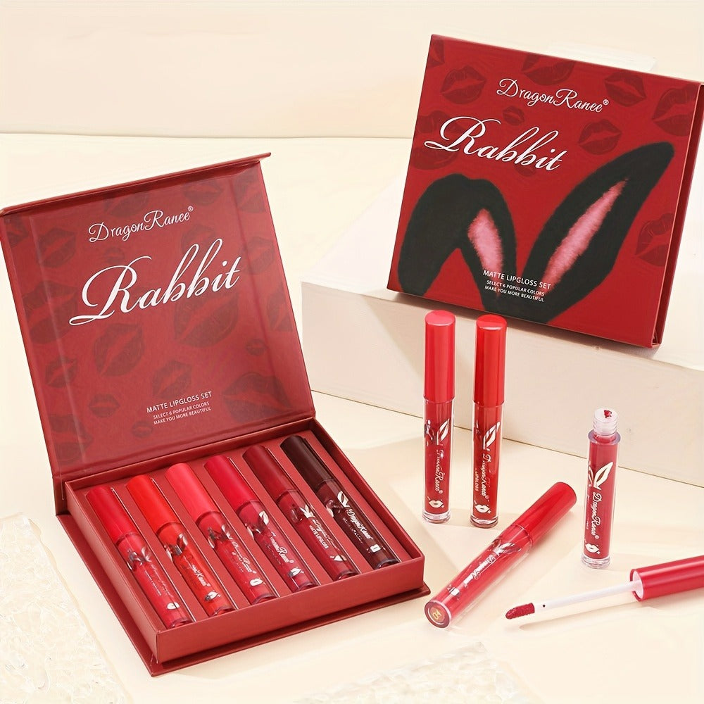 Red Lip Glaze Gift Set 6pcs in Elegant Box, Smudge-Proof Glazed Finish, Smooth Paste Formula