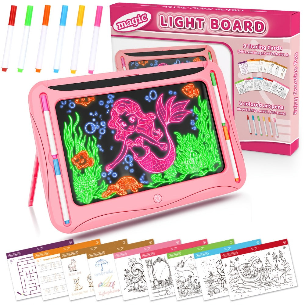 LED Light Up Drawing Board for Kids, 9 Double-Sided Tracing Cards 6 Markers Glow Doodle Travel Art Toy for Girls Boys Ages 3-8