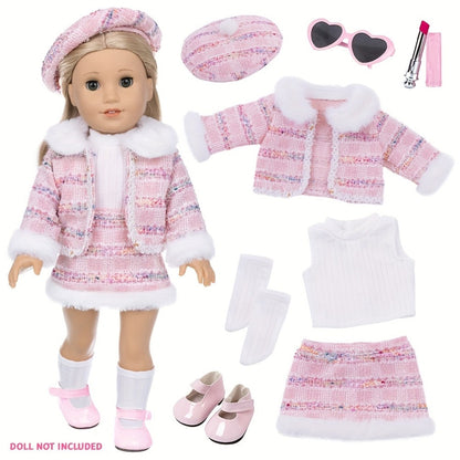 18 Inch Doll Knitted Clothes Outfit Set with Hat Jacket Skirt Shoes Socks Sunglasses Lipstick