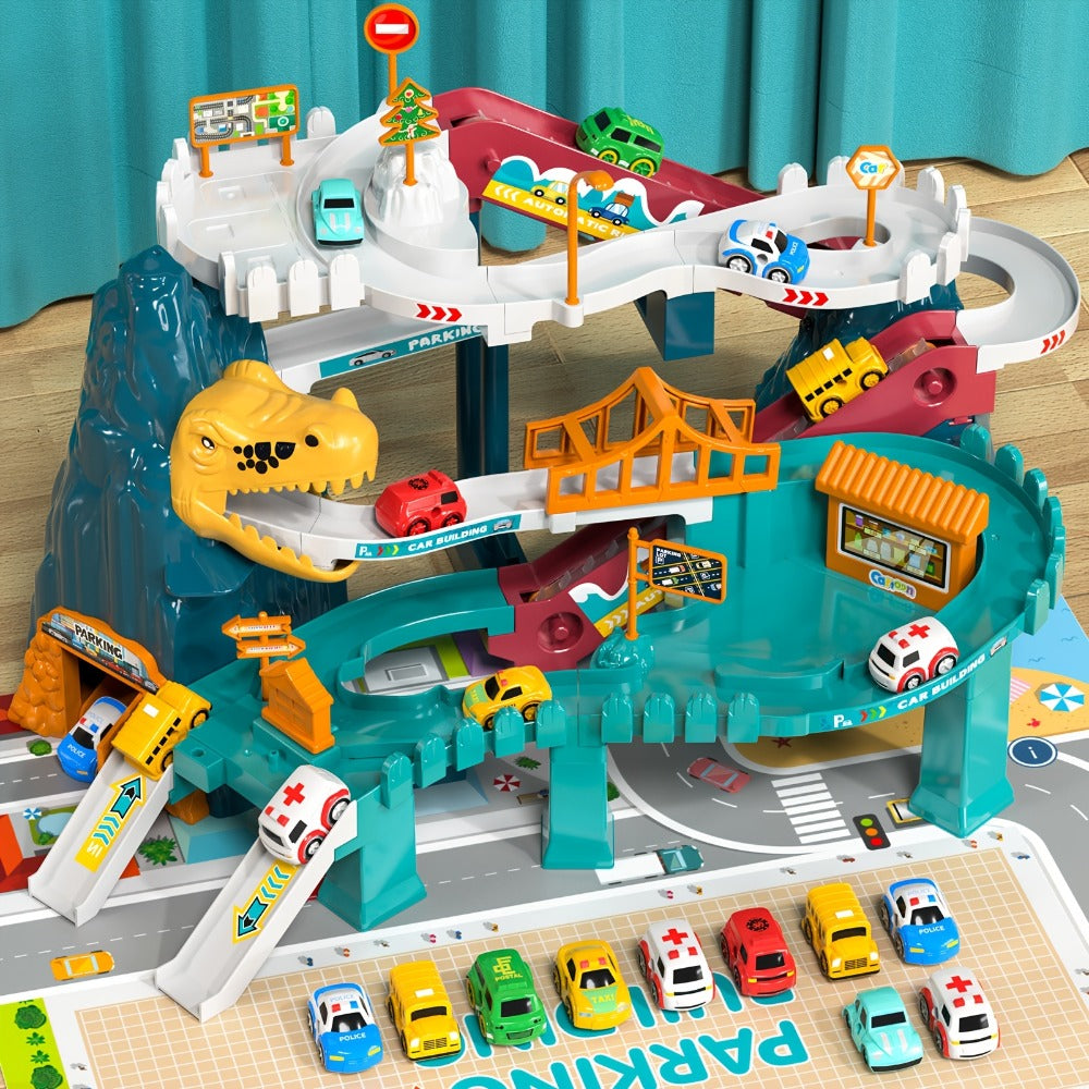 Dinosaur Race Track Toy Set for Kids with 10 Mini Cars & Ramp Launcher with the Listed Color, Size or Set Options for Everyday Use