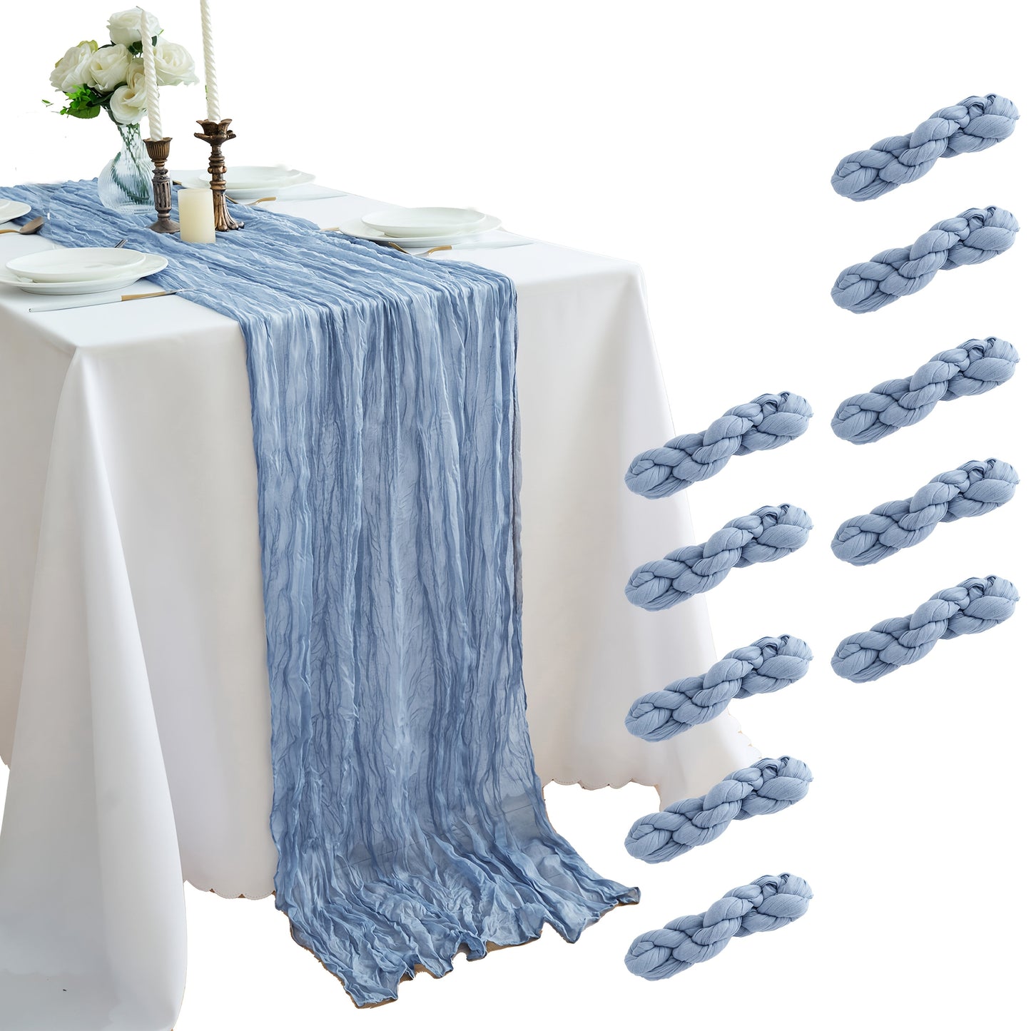 Ten-Piece Cheesecloth Table Runner Set, 19.6 x 120 Inches Each in Five Colors for Dining and Events