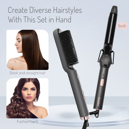 Hair Straightener & Curling Iron Set for Women, Flat Iron Straightening Brush, Anti-Scald, Precise Temperature Control
