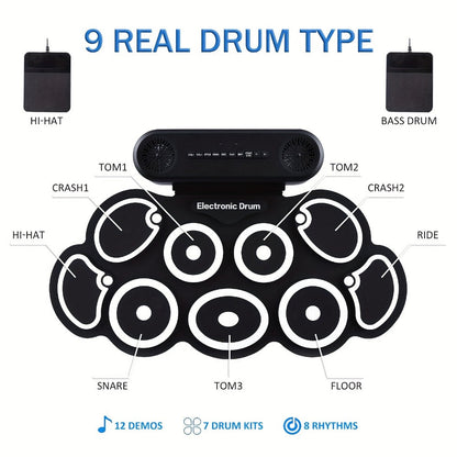 Electronic Drum Kit, Portable, Set, 9-Pads, Roll-Up for Electronic Drum Practice detail image - detail view 6