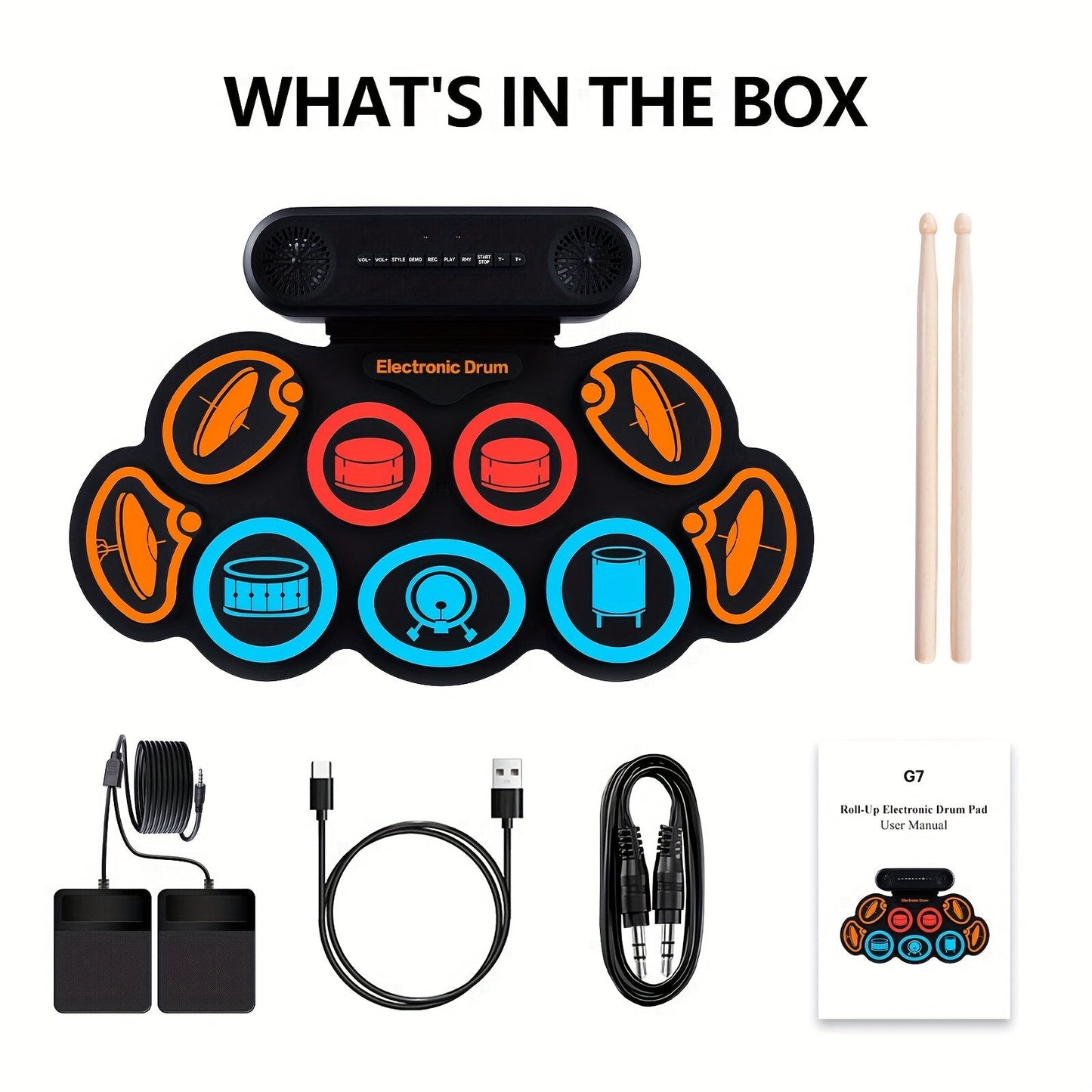 Electronic Drum Set, 9-Pads Roll-Up Electric Drum Pad Kit with Headphone Jack 10Hrs Playtime Built-In Speaker with Drumsticks Pedals, Xmas Birthday Gift for Adults, Student, Colorful variant image