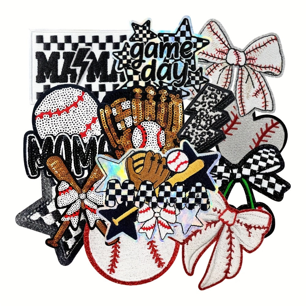 Embroidered Patch - Baseball Patches Iron-on 13pcs Sequin Applique Set with Gloves Bats Stars - product detail view 9
