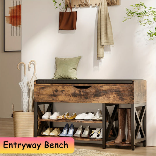 Entryway Bench, Entryway Shoe Bench with Cushion 7-Pair Vintage Shoe Rack Organizer shown in the main product view