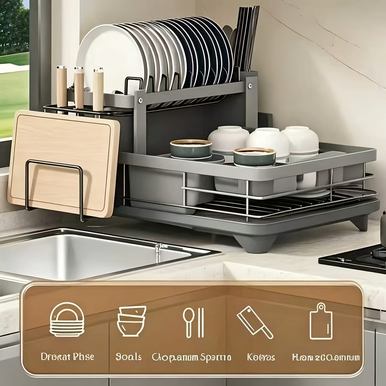 Two-Tier Dish Drying Rack Set with Metal Frame, Drainboard, Mat and Utensil and Cup Holders