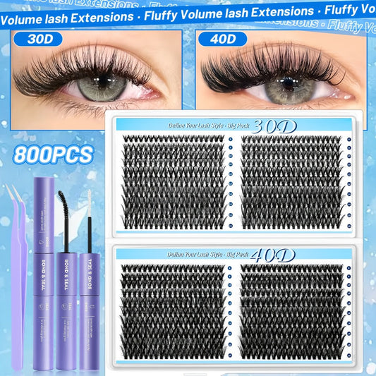 800-Piece 30D and 40D Lash Cluster Kit with Mixed 8–16mm Lengths, Bond-Seal Tube and Tweezers