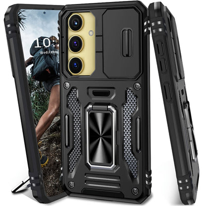 Samsung Galaxy Shockproof Magnetic Phone Case with 360° Rotating Ring Bracket & Sliding Lens Protector – Heavy Duty Cover for S24FE S23FE