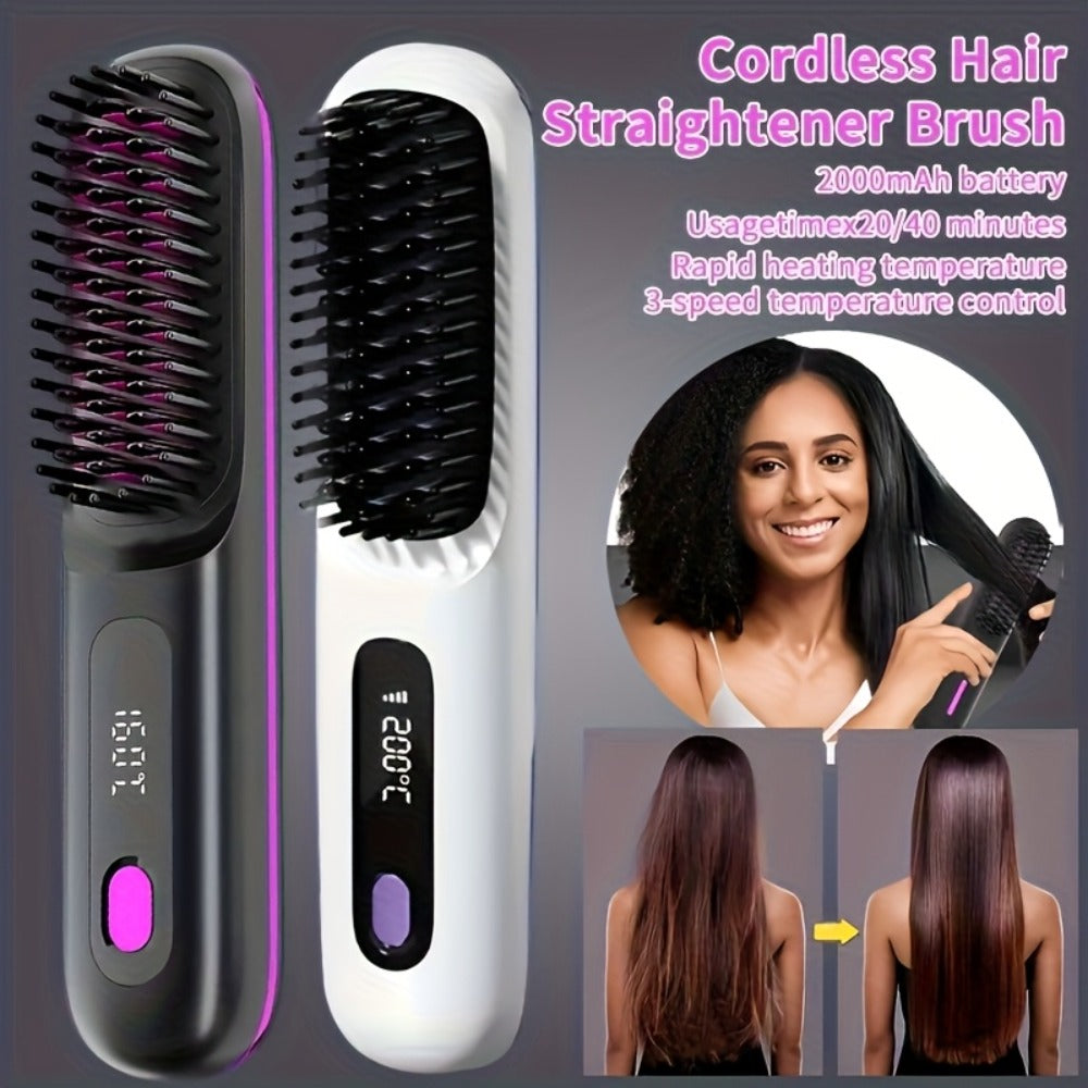 Cordless Hair Straightener USB Rechargeable - 3 Temperature Controls, LED Display, Shine, Travel Flat Iron with Comb & Clips