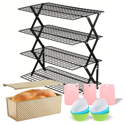 4-Tier Collapsible Cooling Rack Set with Muffin Cups – Metal Wire Baking Rack for Cookies Cakes for Grilling, Camping and Outdoor Meals