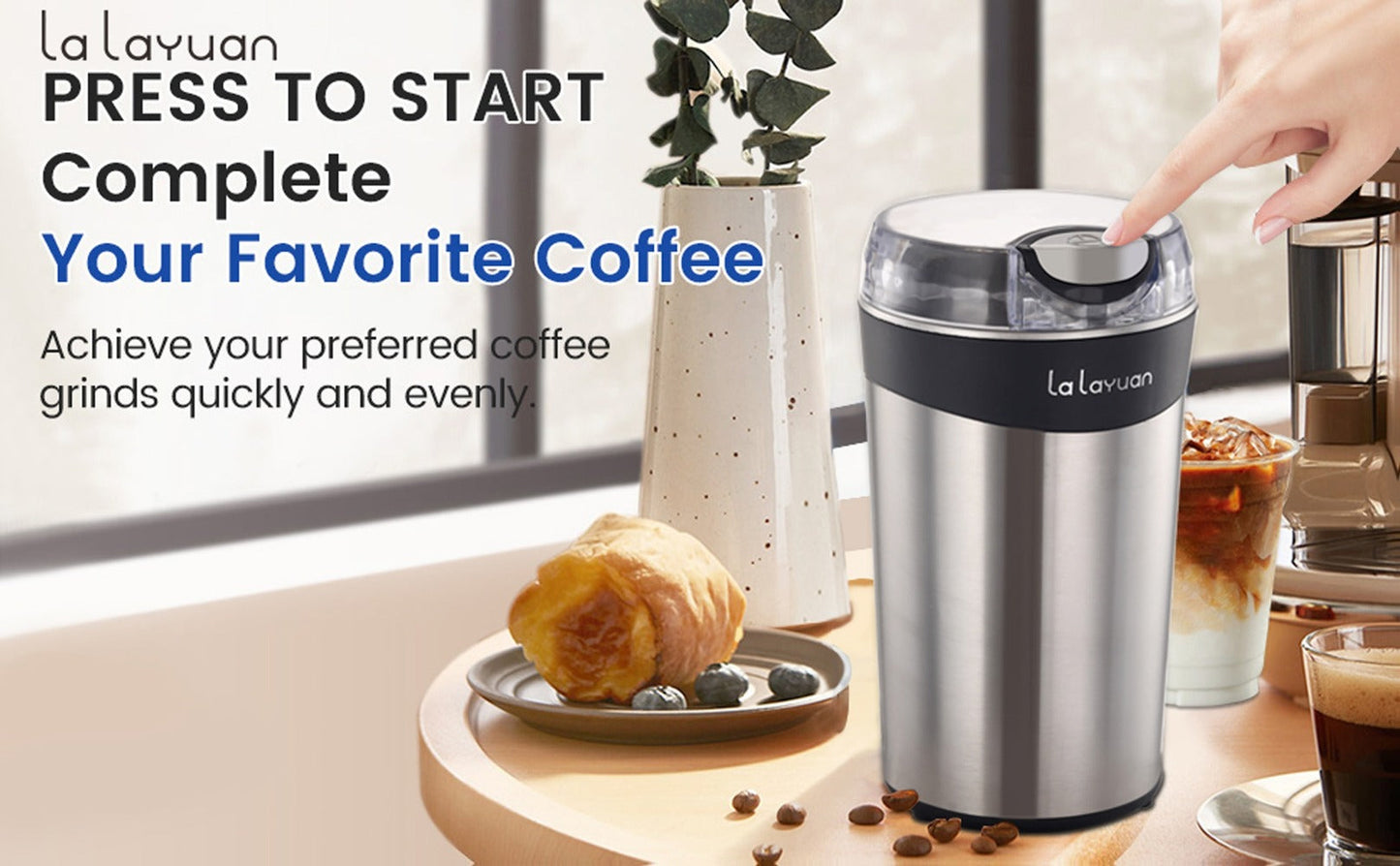 200W-Labeled Electric Coffee Grinder with Press-Lid Control, Two-Leaf Blade and Three Housing Options