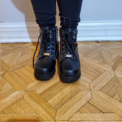 Women's Motorcycle Riding Boots, Low Heel Lace-Up Ankle Booties with Side Zipper, Non-Slip Rubber Sole Biker Combat Boots in Black Faux