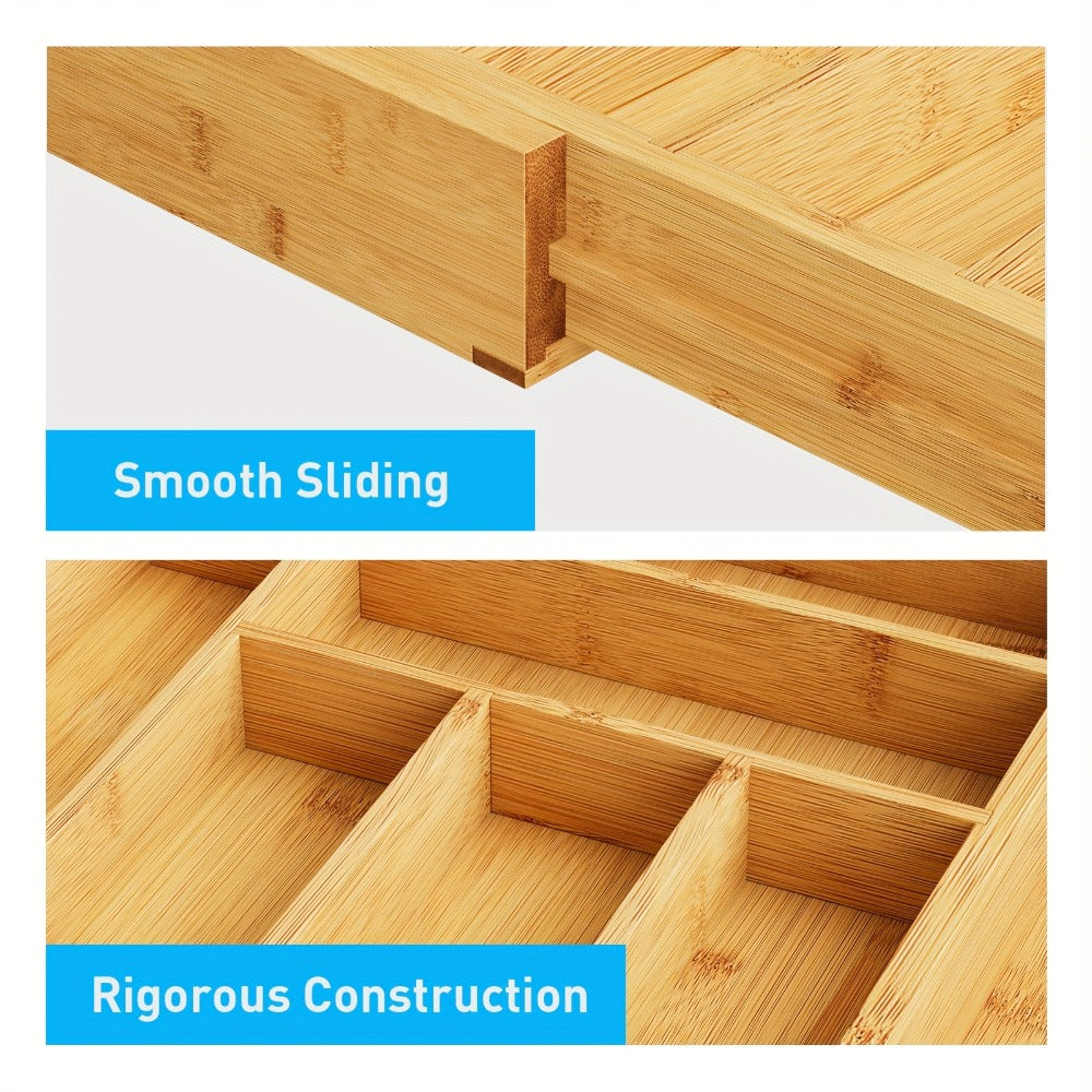 Expandable Bamboo Drawer Organizer with 6–8 Compartments, Sliding Sides and Natural Wood Finish