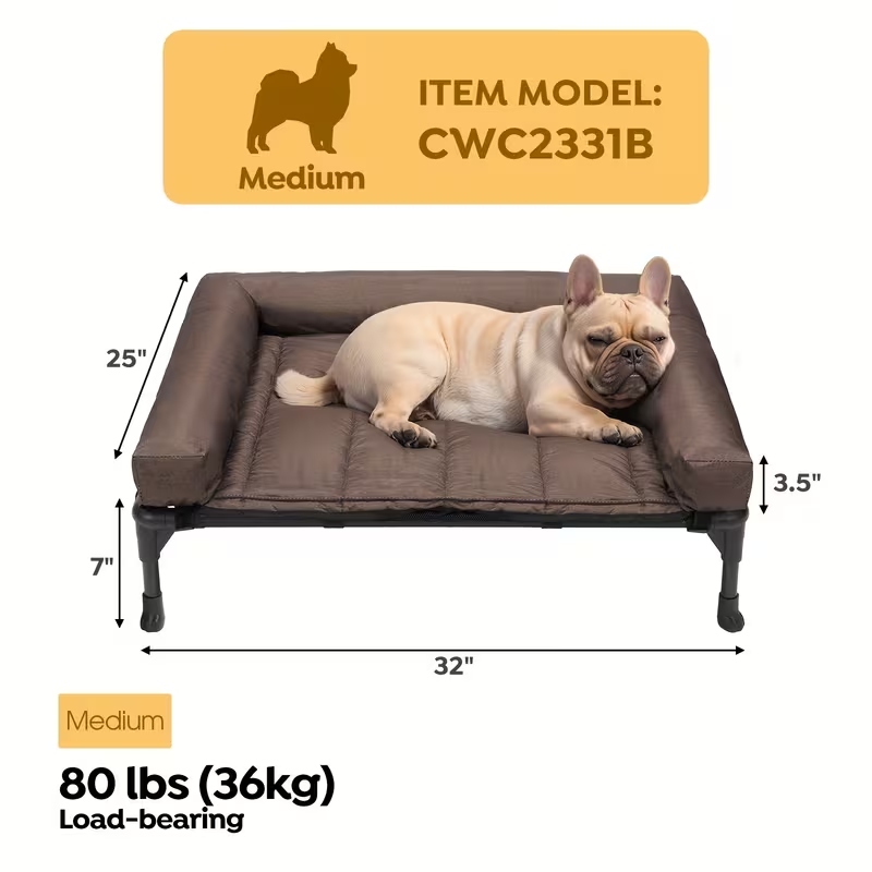 Elevated Dog Bed with Cooling Mesh & Removable Bolster Pillow Top Mat – Raised Dog Cot Bed, No-Slip Feet, Breathable Dog Sofa Bed for Indoor