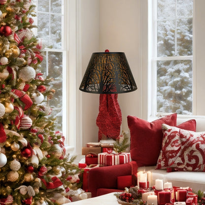 Metal Lampshade Etched Forest & Leaf Design | Black Exterior Gold Interior | Barrel Lamp Shade for Table Lamp & Floor Lamp |