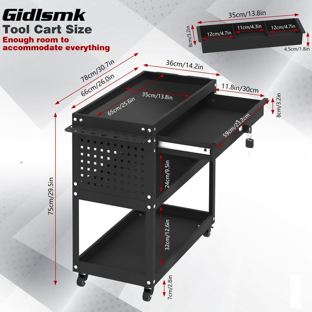 Rolling Tool Cart 3-Layer with Drawers & Screw Box Storage, Heavy-Duty Mechanic Trolley on Wheels for Garage Workshop Repair Shop