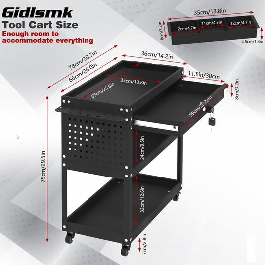 Rolling Tool Cart 3-Layer with Drawers & Screw Box Storage, Heavy-Duty Mechanic Trolley on Wheels for Garage Workshop Repair Shop