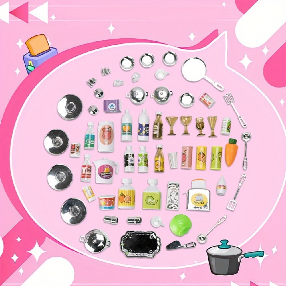 Pink Kitchen Toy Set 64pcs with Lights & Sounds, Mini Furniture Doll Playset for Girls, Pretend Play Kitchen Accessories