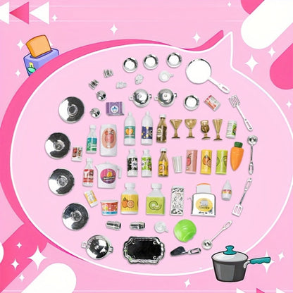 Pink Kitchen Toy Set 64pcs with Lights & Sounds, Mini Furniture Doll Playset for Girls, Pretend Play Kitchen Accessories