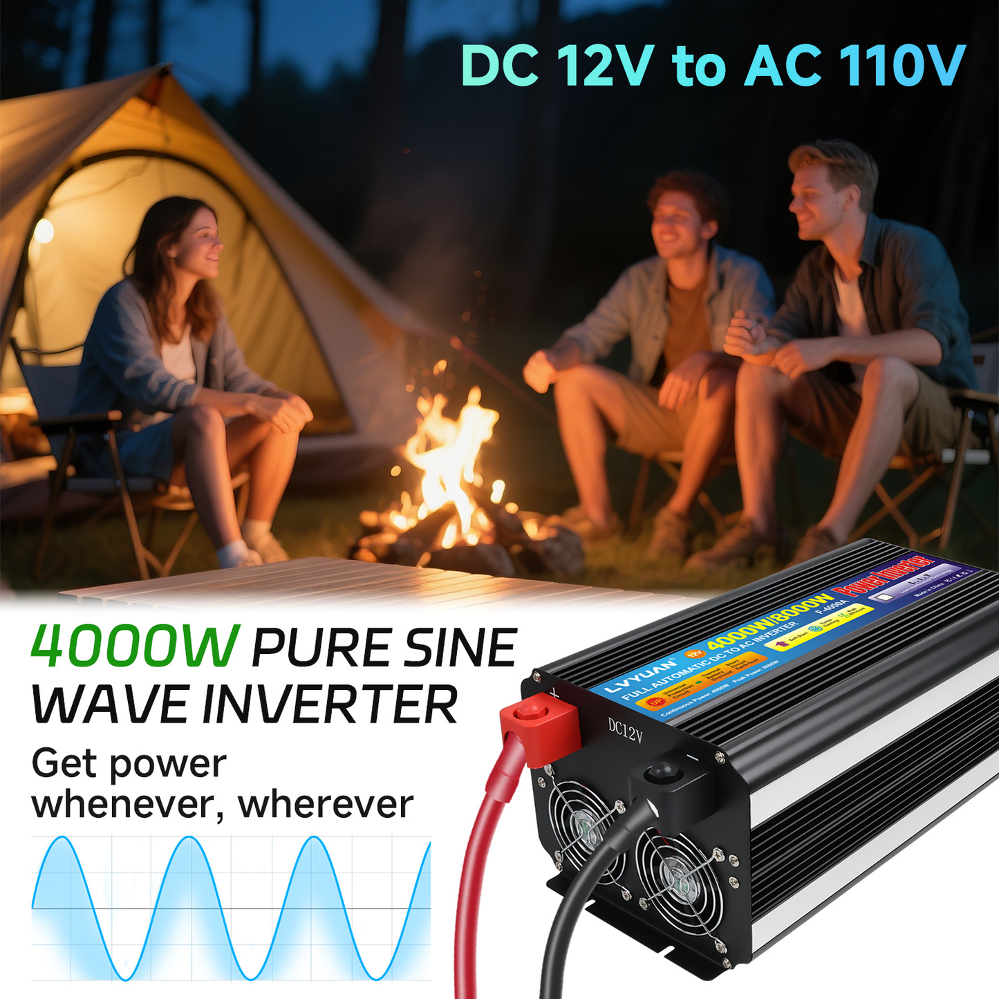 Pure Sine Wave Power Inverter 4000W 8000W Peak DC 12V to AC 110V with LCD Display Remote Control 4 AC for Garden, Patio and Yard Use