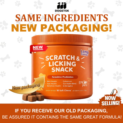 Dog Omega 3 Skin & Coat Chews 90ct – Lamb Flavor Soft Pellets with Probiotics for Itching, Scratching & Licking Relief