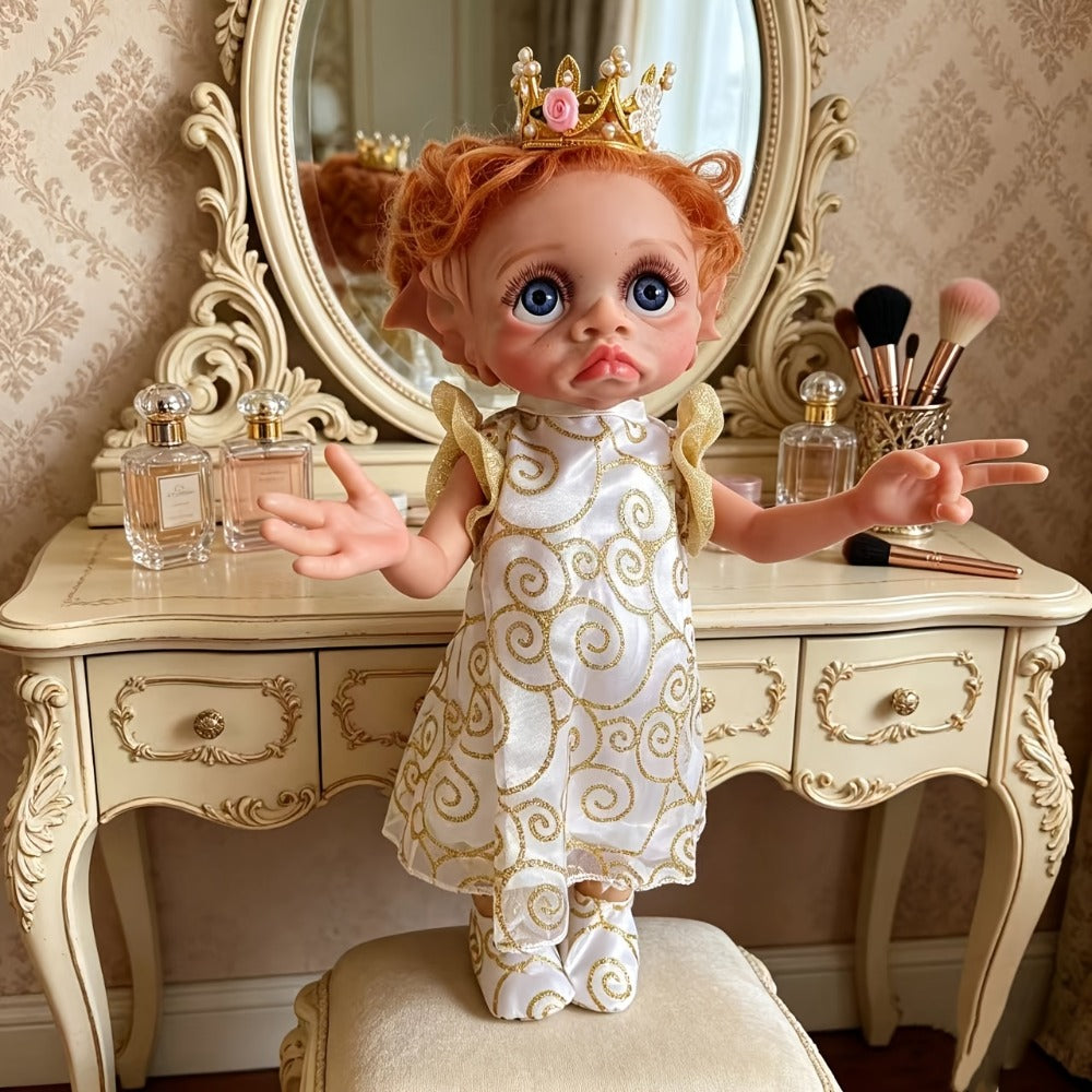 Fairy Elf Reborn Doll 15 Inch Vinyl Full Body Hand-Painted Collectible Art Doll with Wavy Hair & Crown